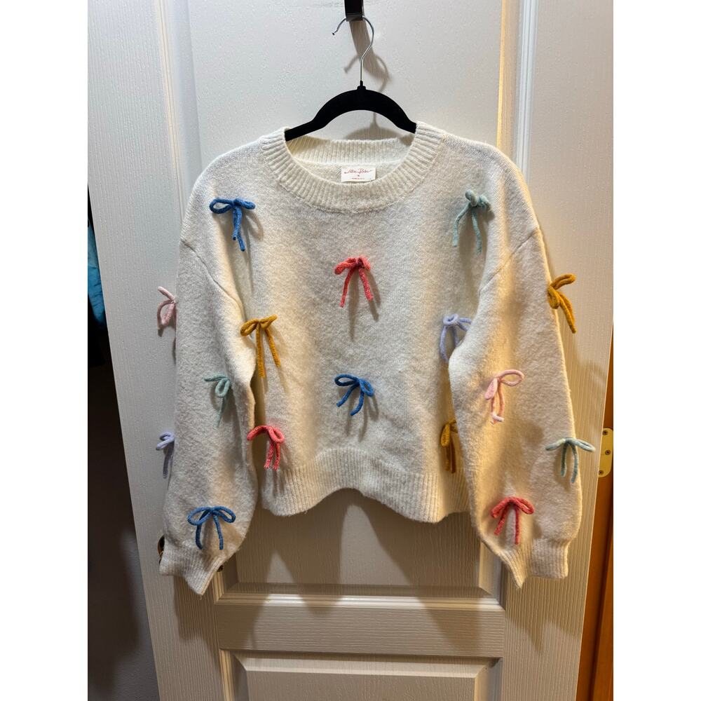 Allie Rose Bow Sweater Small Ivory Multicolor 3D Bows Coquette Cropped Knit - Picture 2 of 6